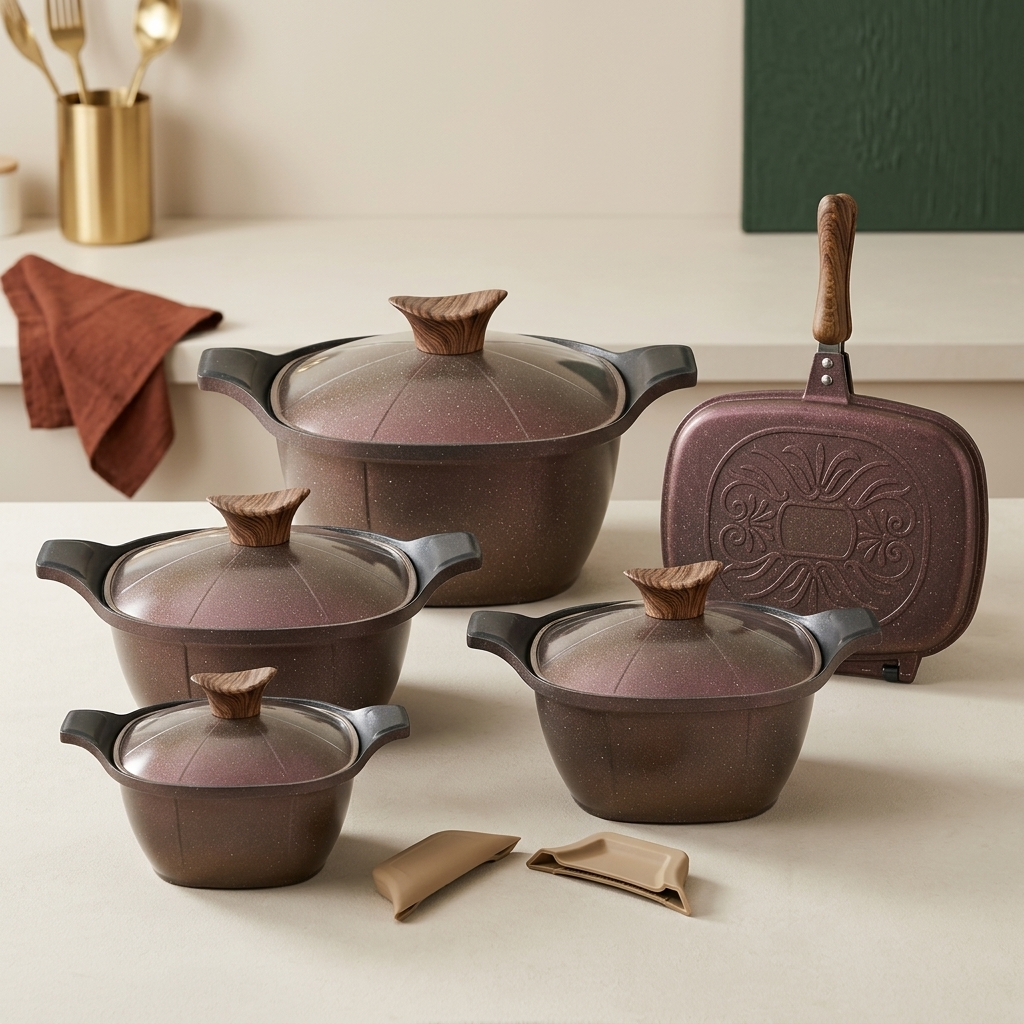 طقم حلل نيوكلاين جرانيت مربع غطاء جرانيت 9قطعه(4 حلل + دبل جريل )