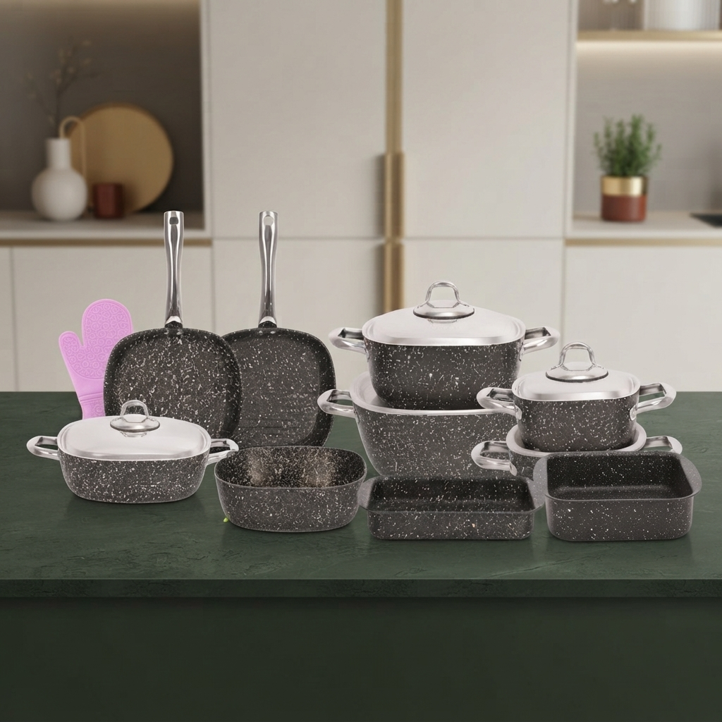طقم حلل كيتنشوفا جرانيت مربع ديزاين إيطالي 15قطعه Kitchnova